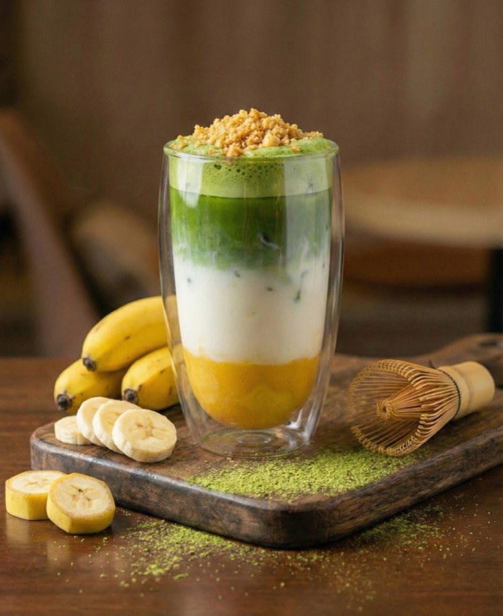 Banana Iced Matcha Latte layered in a tall glass
