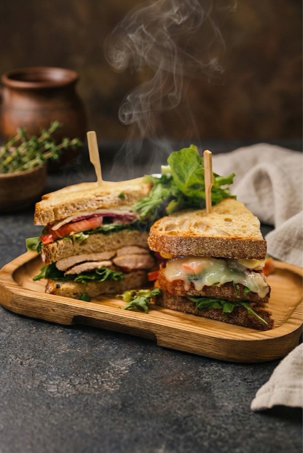 Chicken Club Sandwich on a wooden board